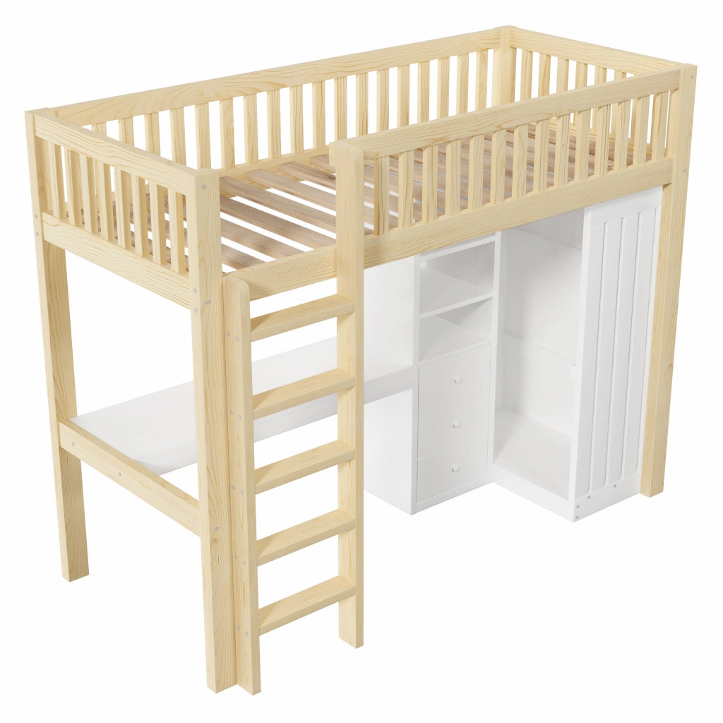 Letto a soppalco 90x200 cm con scrivania; armadio e 3 cassetti in pino e MDF naturale