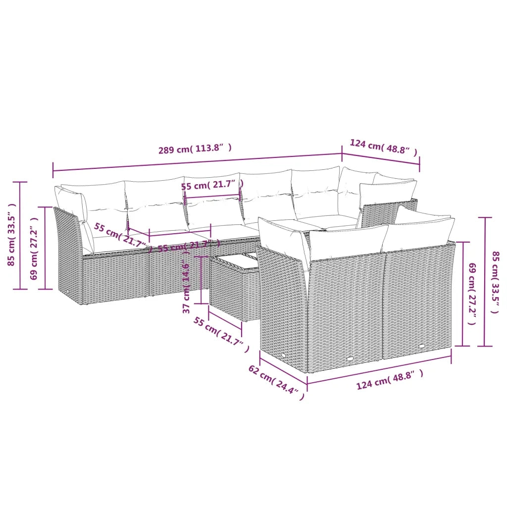 Set Divani da Giardino 9 pz con Cuscini Nero in Polyrattan