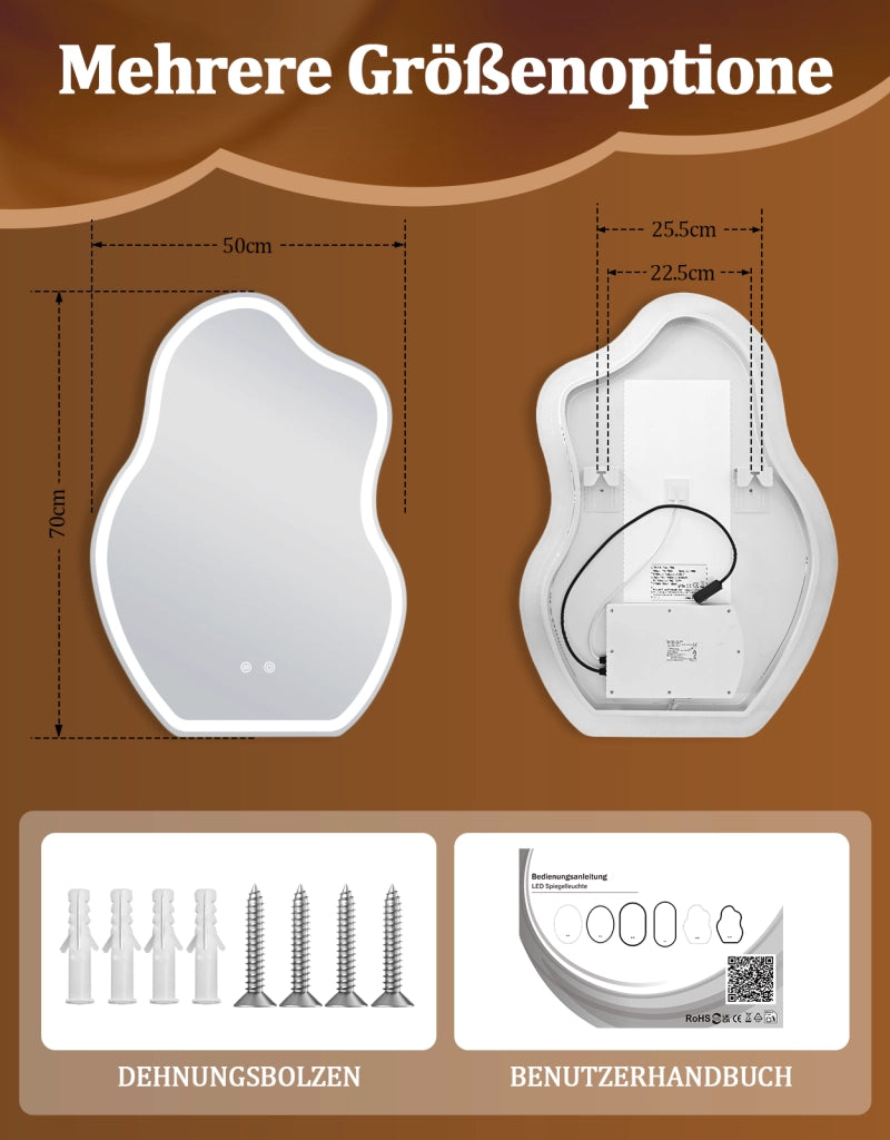 ZMH Specchio da bagno LED asimmetrico 50x70 cm IP44 interruttore touch antiappannante dimmerabile 3000K-6500K parete