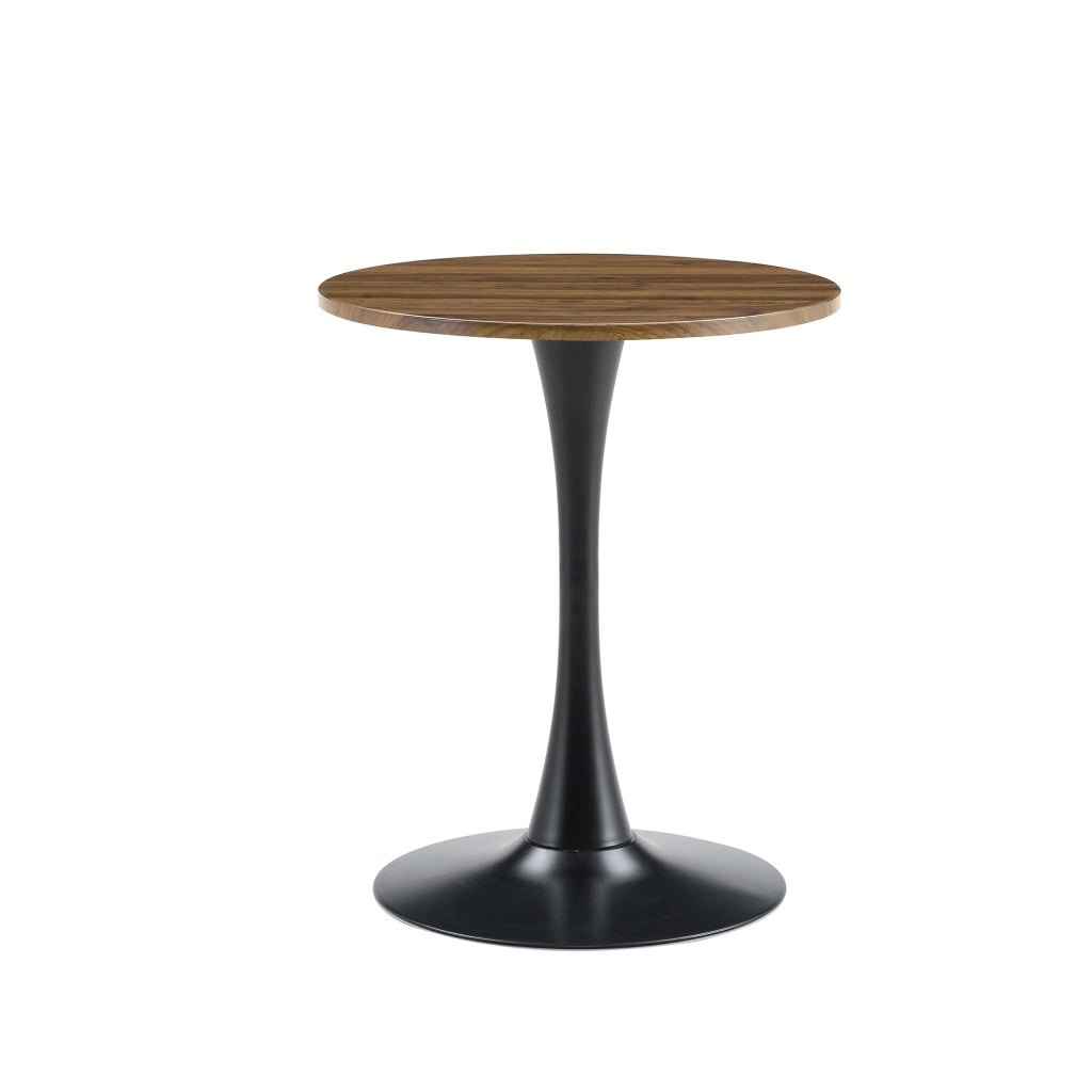 Tavolo da pranzo rotondo con base in metallo, piano effetto noce, stile mid century, per soggiorno, nero, 60 × 72 cm
