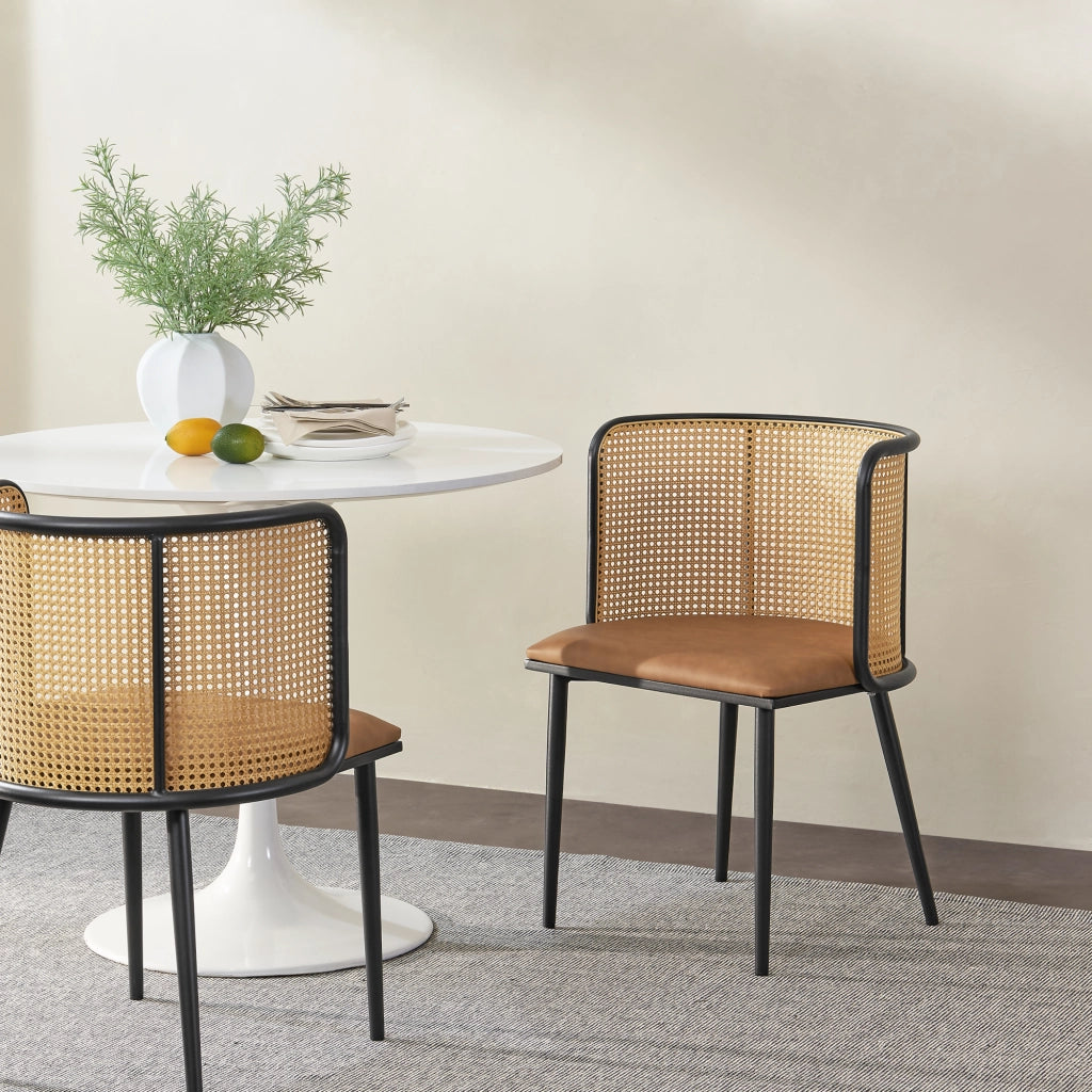 Set di 2 Sedie 'Flen' Sedute in Similpelle Schienale in Rattan - Marrone / Nero [en.casa]