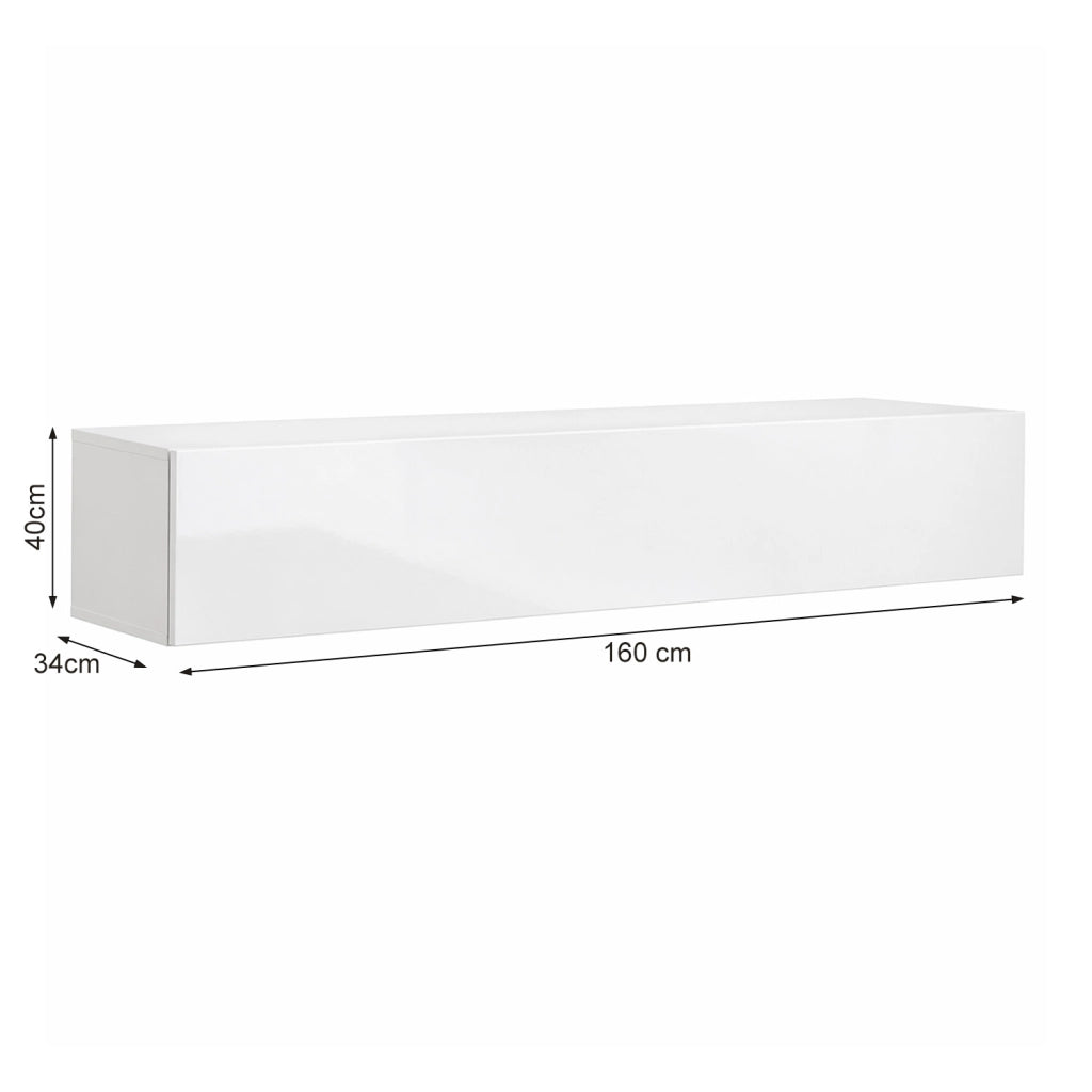 Mobile TV Sospeso Design Minimal Con 3 Vani Contenitore Anta A Ribalta Reversibile Frontale Lucido In Melaminico Per Soggiorno Salotto Zona Living 160 X 34 X 40 Cm Bianco