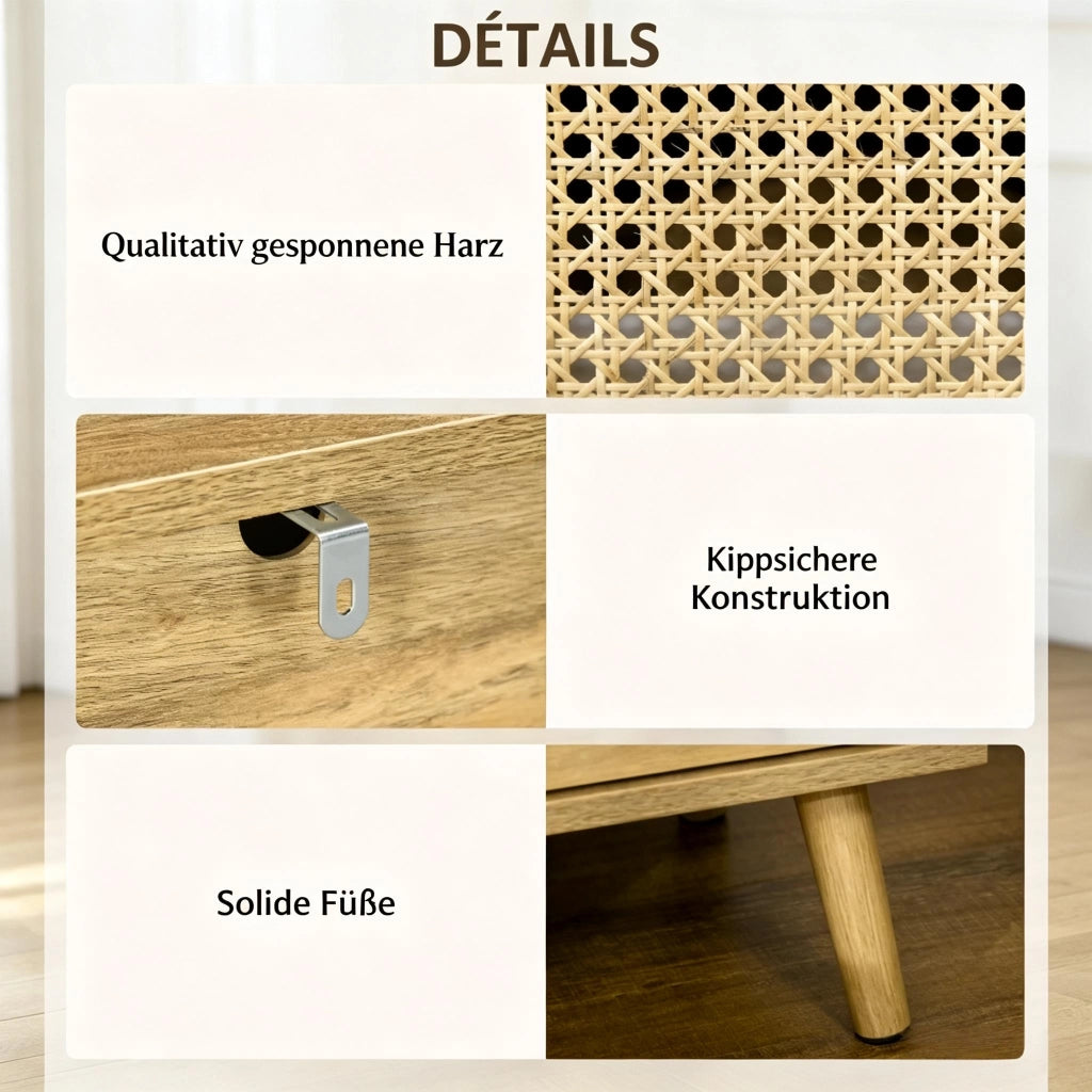 Set di 2 comodini con 1 vano aperto e anta in rattan, MDF e truciolato, per camera da letto, naturale, 39 × 35 × 60 cm