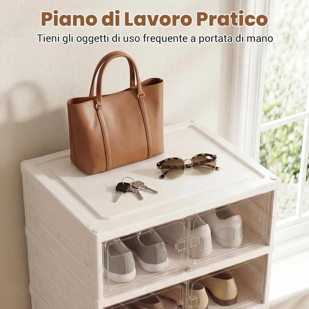 Scatole per Scarpe, Portascarpe Pieghevole per 12 Paia con Porta Magnetica Trasparente, Scarpiera per Ingresso Camera da Letto, 45x35x117 cm