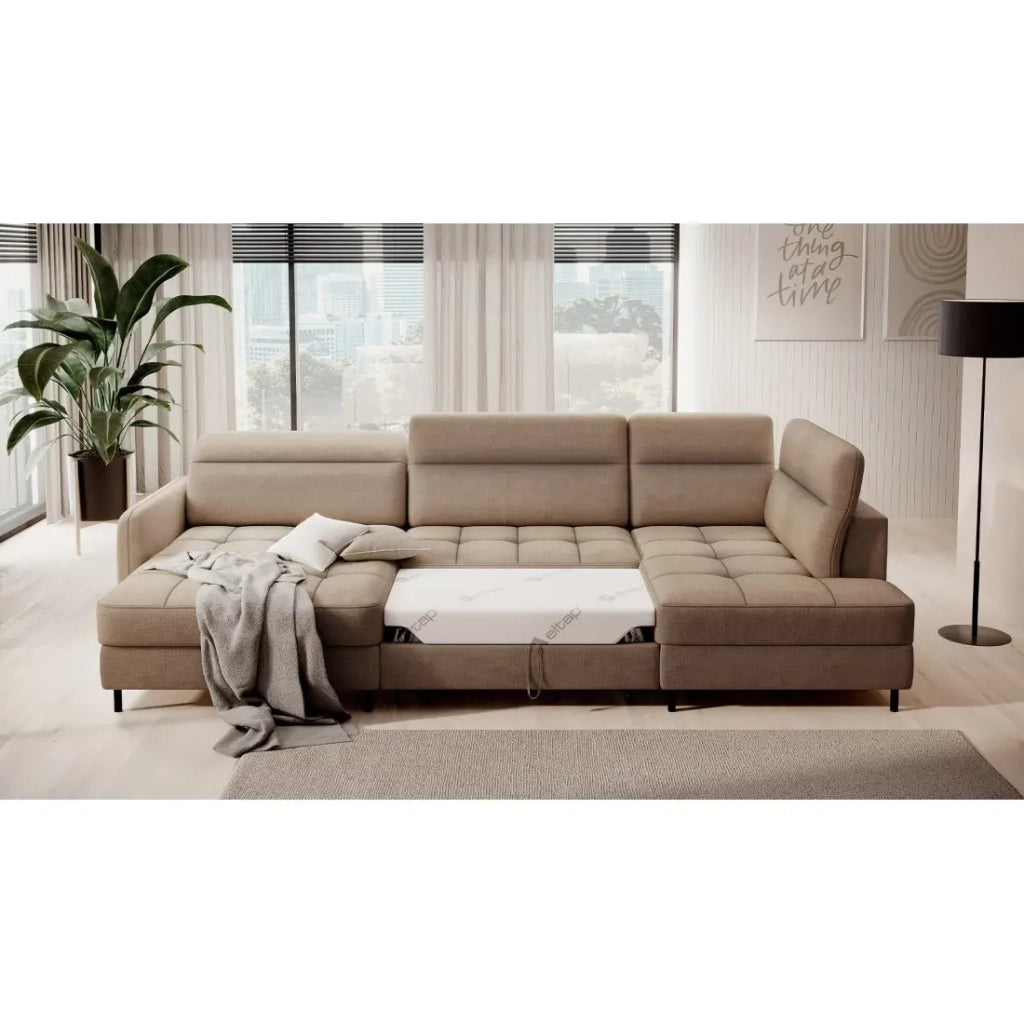 Divano angolare trasformabile BERTHO 306 cm marrone chiaro - Angolo sinistro con contenitore