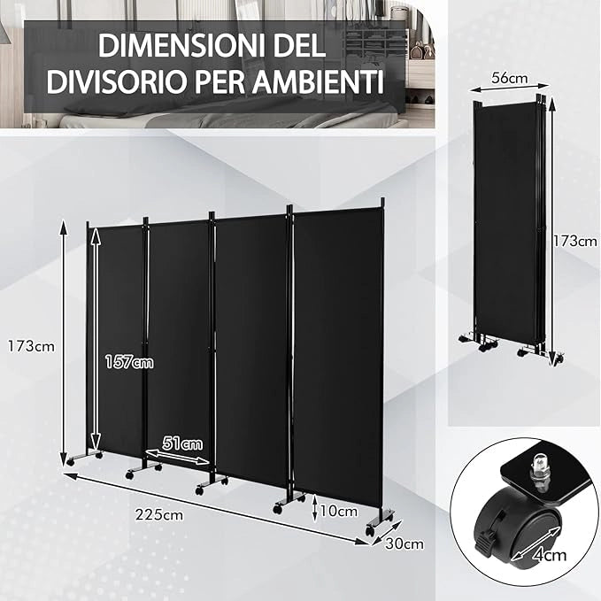 Paravento da Interno in Metallo, Separé Divisorio Interno Pieghevole con Piedini Stabili, Pannelli Divisori per Interni per Casa e Ufficio (Nero, 225 x 173 cm (4 Pannelli con ruote))