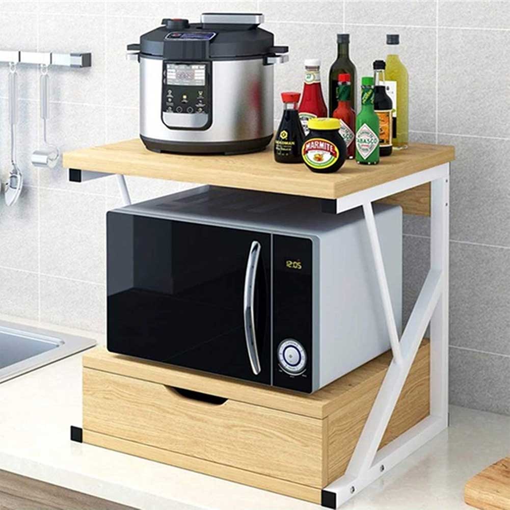 Scaffale Mensola Cucina Mobiletto Porta Microonde con Cassetto Metallo e Legno