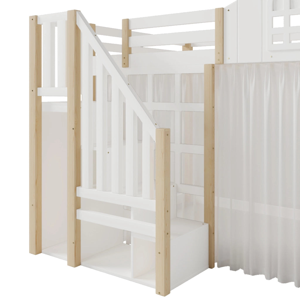 Letto a castello 140x200 cm con LED, scala contenitore e spazio privato