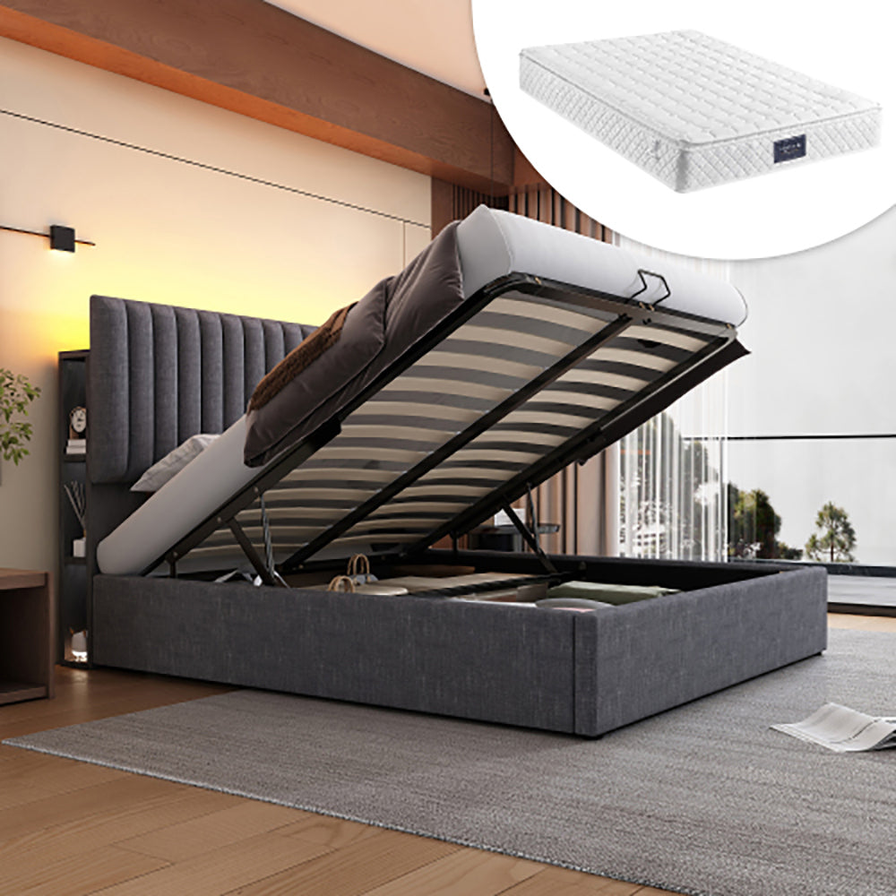 Letto matrimoniale con contenitore - Xylo - 160x200 cm - Grigio - Controllo app LED, testiera regolabile