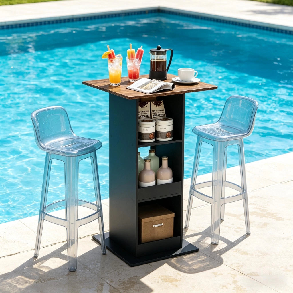 Tavolo bar quadrato con 3 vani aperti, mobile contenitore 2 in 1 per cucina e soggiorno, nero, 60 × 60 × 109 cm