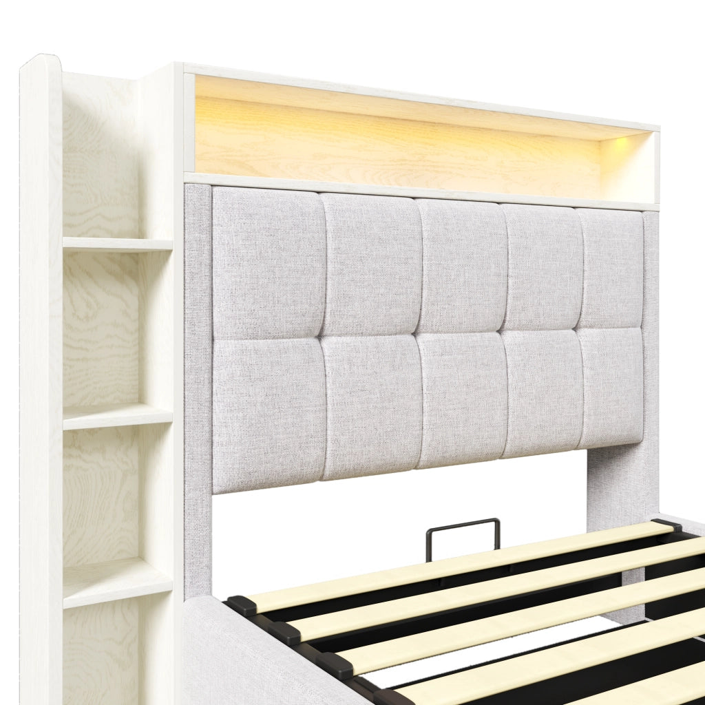 DESMIU Letto contenitore 90 × 200 cm 1 piazza con USB, Type-C, LED e vano idraulico, senza materasso, beige