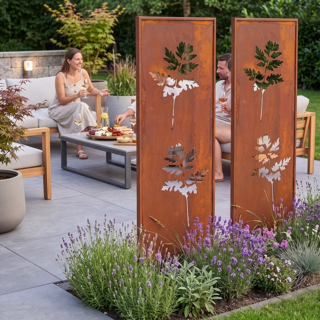 Set di 2 Pannelli Divisori Irsina Frangivista con Motivo Foglie 160x50 cm Acciaio Corten - Marrone Ossidato casa.pro