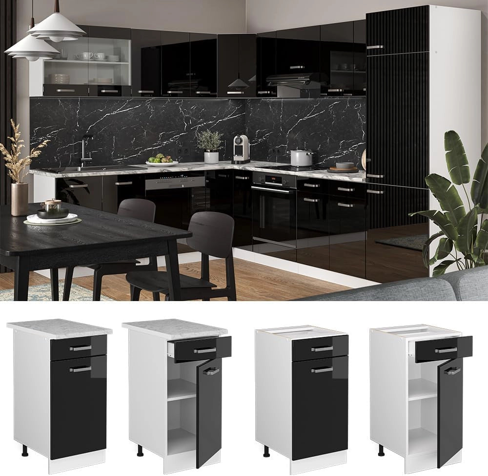 Mobiletto base per cucina R-Line, Nero lucido, 40 cm senza piano di lavoro, per la libera combinazione all'interno di sistemi cucina modulari