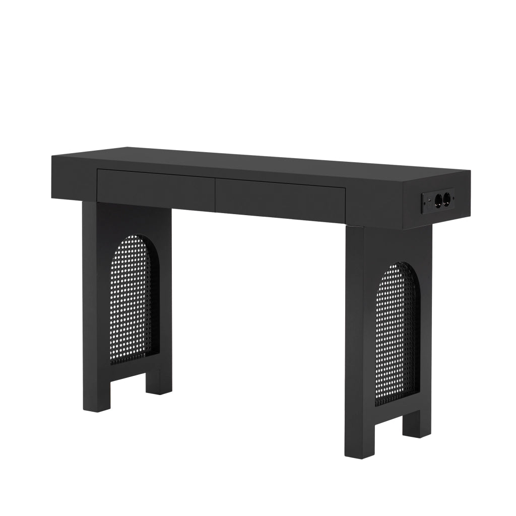 Consolle con 2 cassetti e ciabatta integrata per ingresso e soggiorno in MDF nero 120 × 35,5 × 76,5 cm