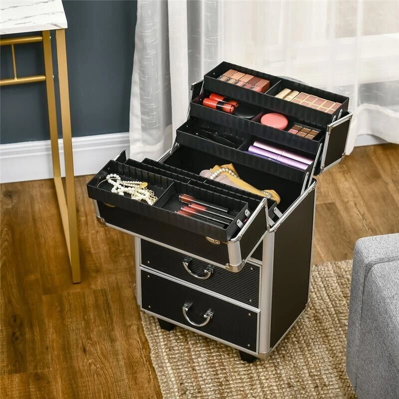 VALIGETTA TROLLEY PER MAKE UP PROFESSIONALE RINFORZATA , BLOCCO CON 2 CHIAVI E RUOTE, NERO 36X23X58 CM