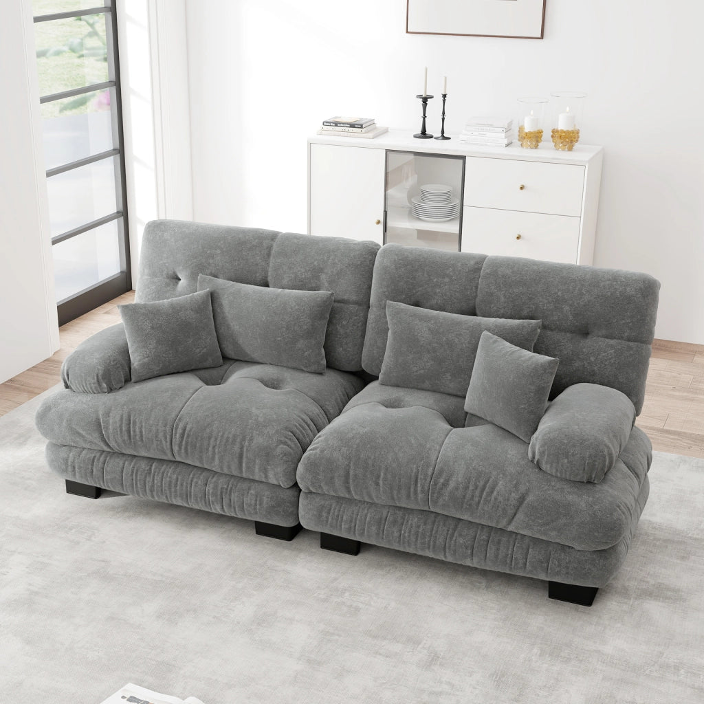 Divano angolare modulare in chenille con cuscini lombari e decorativi schienale ergonomico per soggiorno grigio