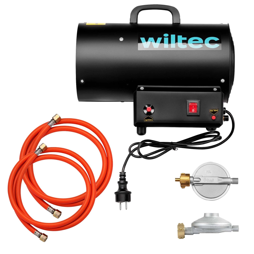 Generatore di calore a gas GPL, 15 kW 30 W 320m³/ora, cannone aria calda con avviamento piezoelettrico, incluso riduttore di pressione del gas per la Francia 700 mbar con tubo da 1,5 m