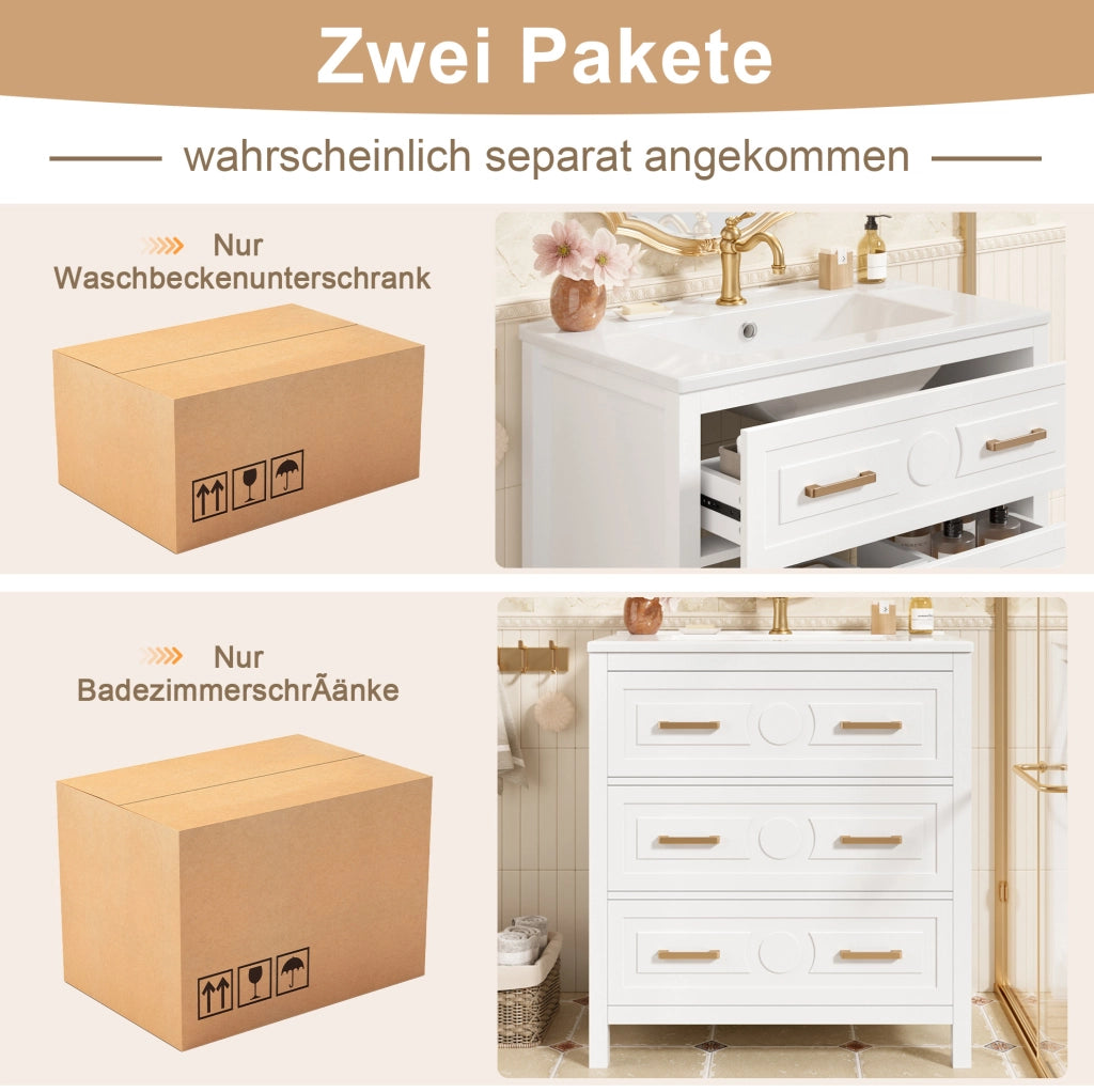 Mobile lavabo freestanding bianco 76,5x47x82 cm in MDF e ceramica con 3 cassetti