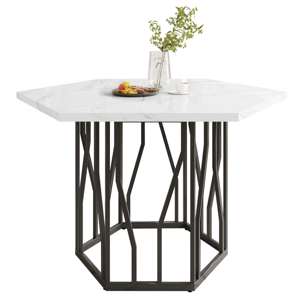 Tavolo da pranzo esagonale moderno 115;5 x 100 cm; piano effetto marmo bianco; base in metallo nero