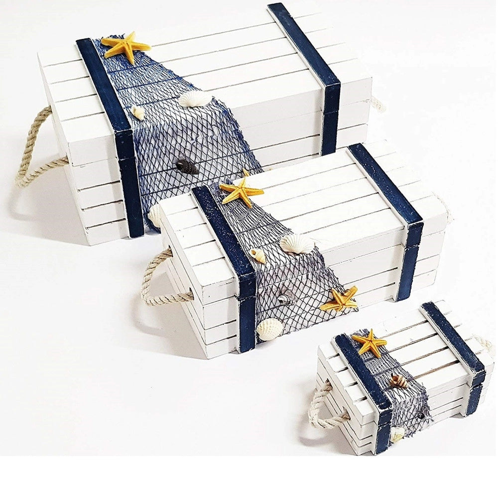 Trade Shop - Scatolina Scatola Baule Matrioska Bianco Blu 3 Shabby Stile Marino Portagioie -