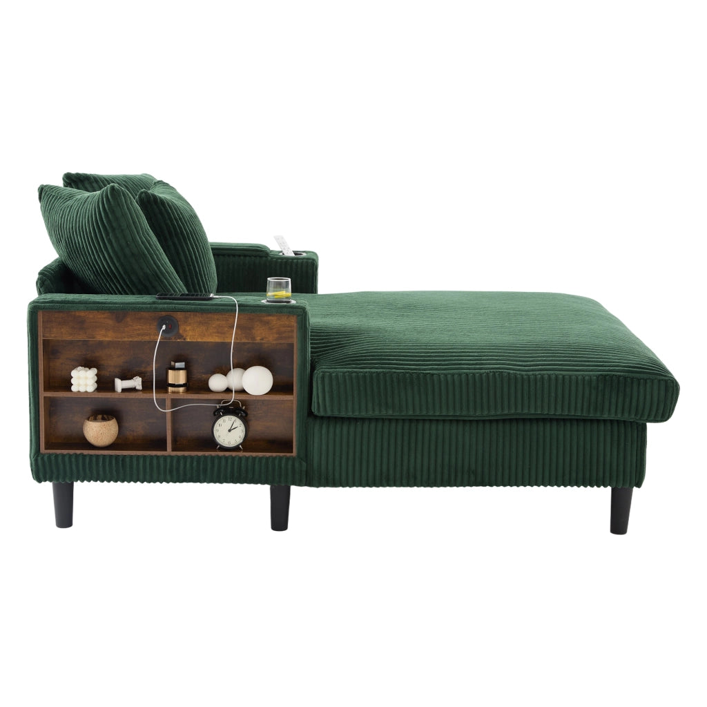 Divano Angolare in Velluto a Coste con Chaise Longue ¨C MINIMAL ¨C con LED, USB, Contenitore, Portabicchieri