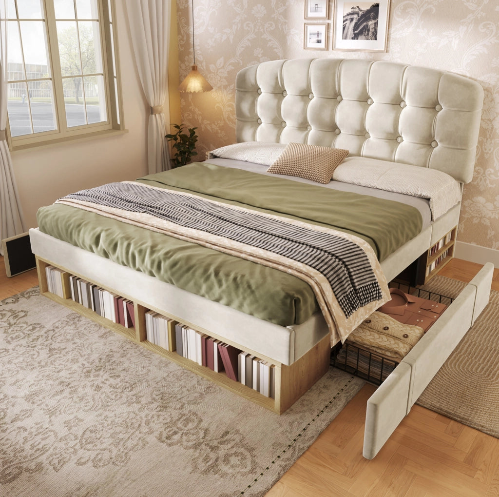 Letto matrimoniale imbottito 140x190 cm in velluto beige con testiera regolabile e cassetti