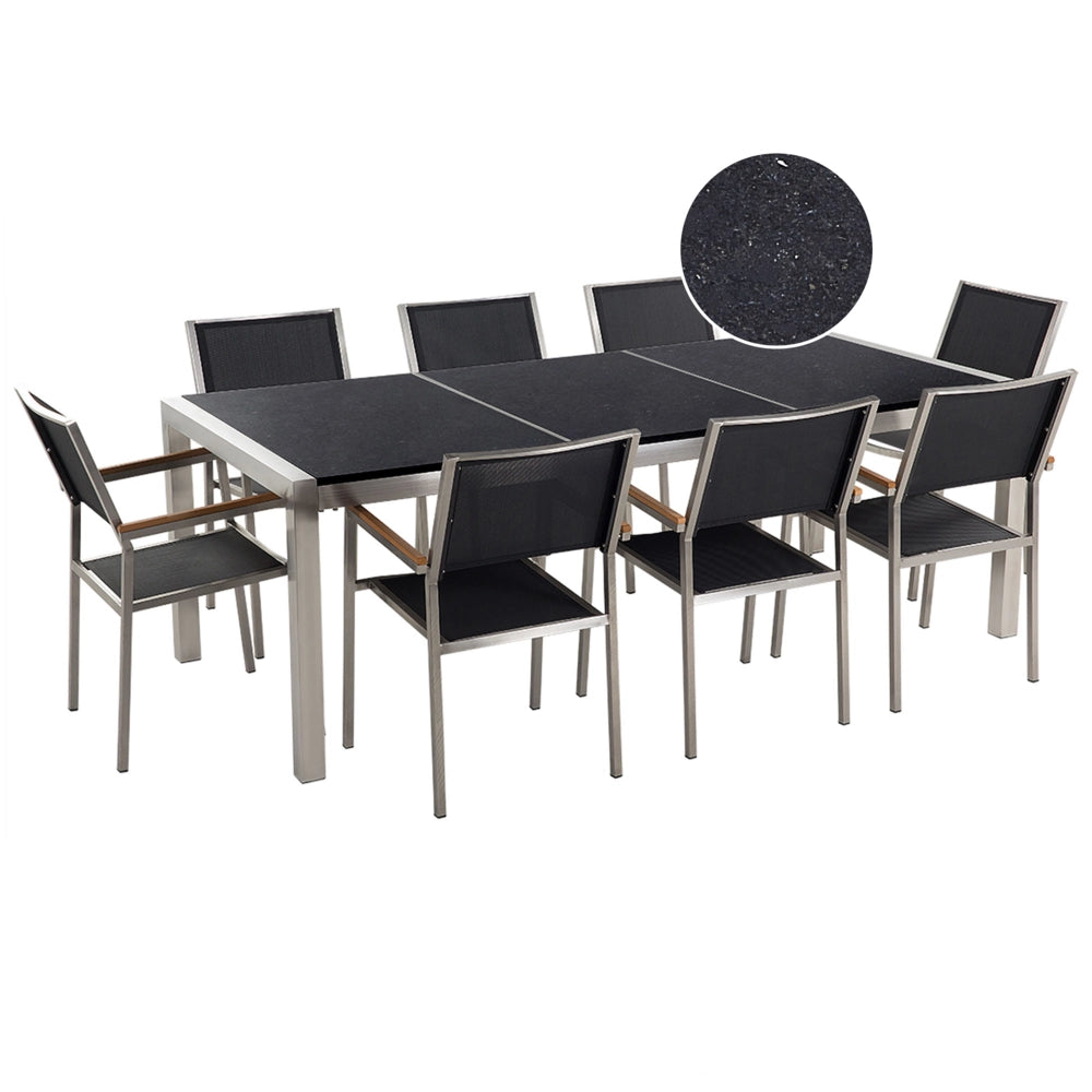 Set da pranzo da giardino Nero con piano in granito Nero 8 posti 220 x 100 cm piastra tripla