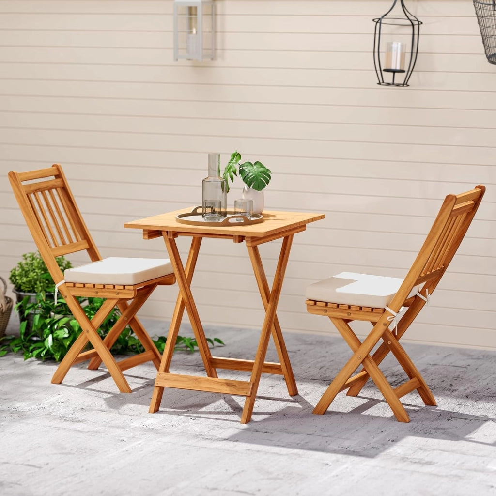 Mobili da balcone piccolo balcone, tavolo da bistrot con 2 sedie, set di mobili da giardino in legno pieghevole, set da balcone per esterni, per 2 persone, set da giardino con cuscino