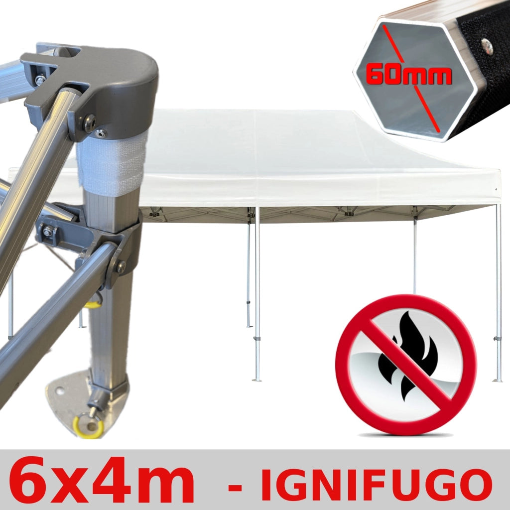 Gazebo 4x6 m bianco certificato IGNIFUGO SENZA laterali pieghevole alluminio piantone esagonale 60mm portatile estendibile richiudibile estensibile acciaio per fiere eventi stand chiosco tenda tendone mercato mercatino