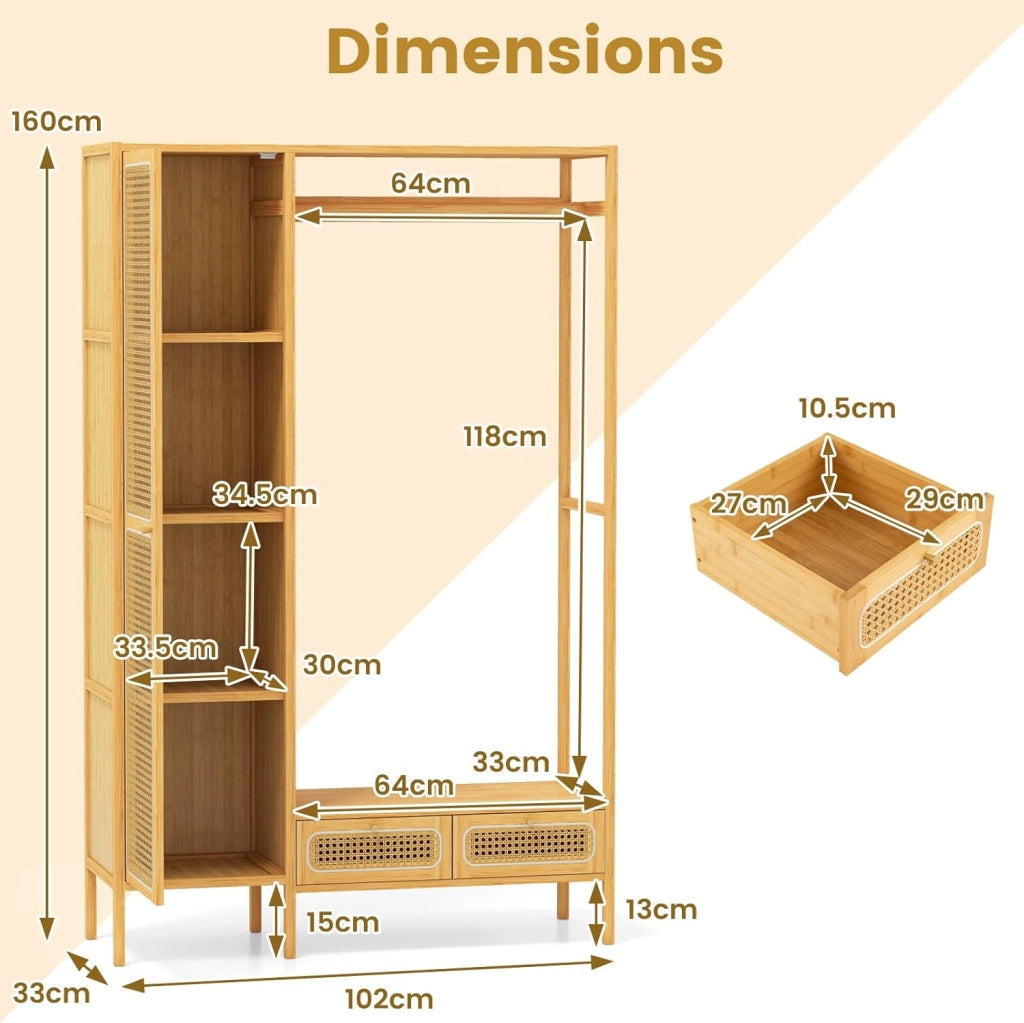 Armadietto guardaroba multifunzionale in bambù, appendiabiti robusto con asta di sospensione, scaffale portaoggetti, 2 cassetti, organizer per guardaroba autoportante, 102 x 33 x 160 cm