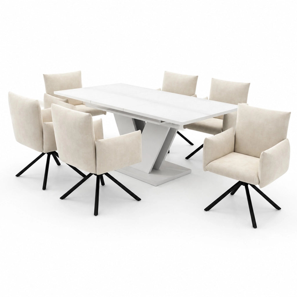 Set da pranzo allungabile 120/160 x 80 cm con sedie girevoli; bianco in MDF