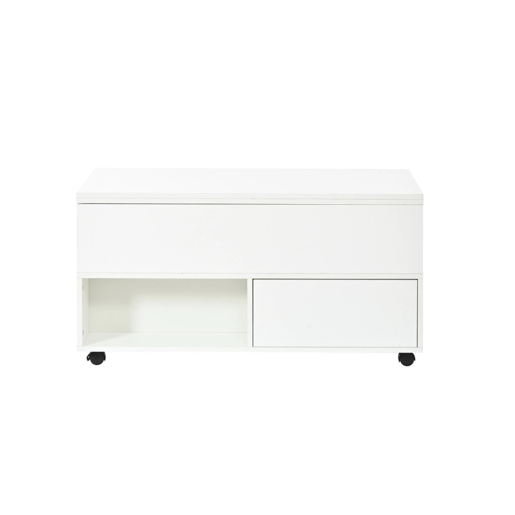 Tavolino basso sollevabile in truciolare con 4 cassetti, 2 vani aperti e rotelle, bianco, 100 × 50 × 52 cm