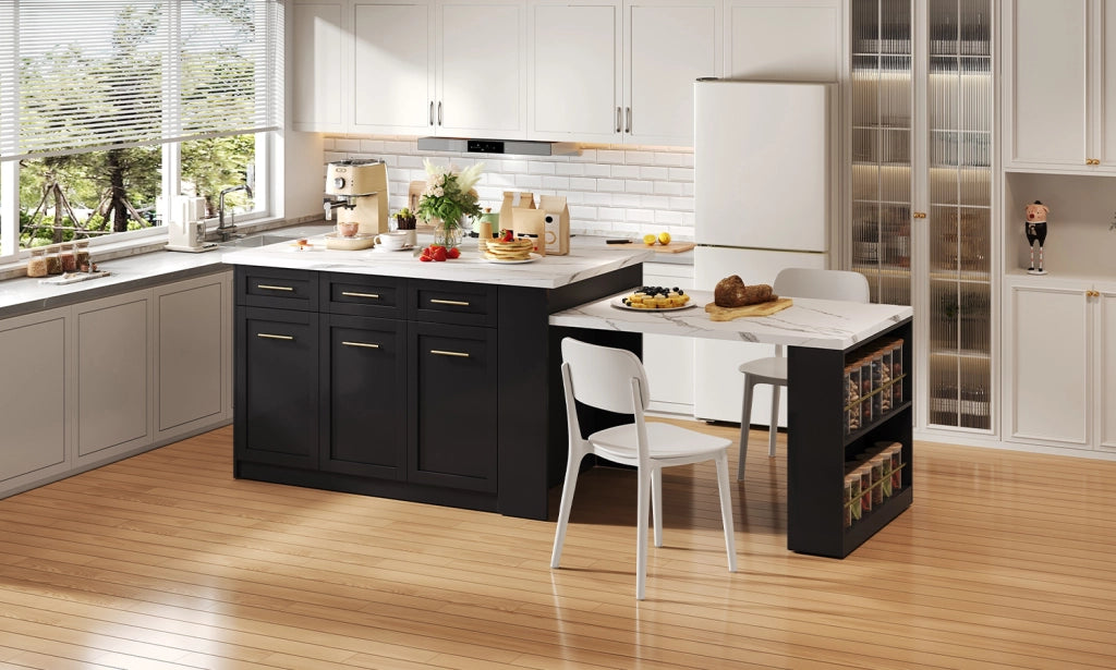 Isola da cucina moderna con tavolo estraibile 150x90x90 cm, finitura effetto marmo bianco, colore nero
