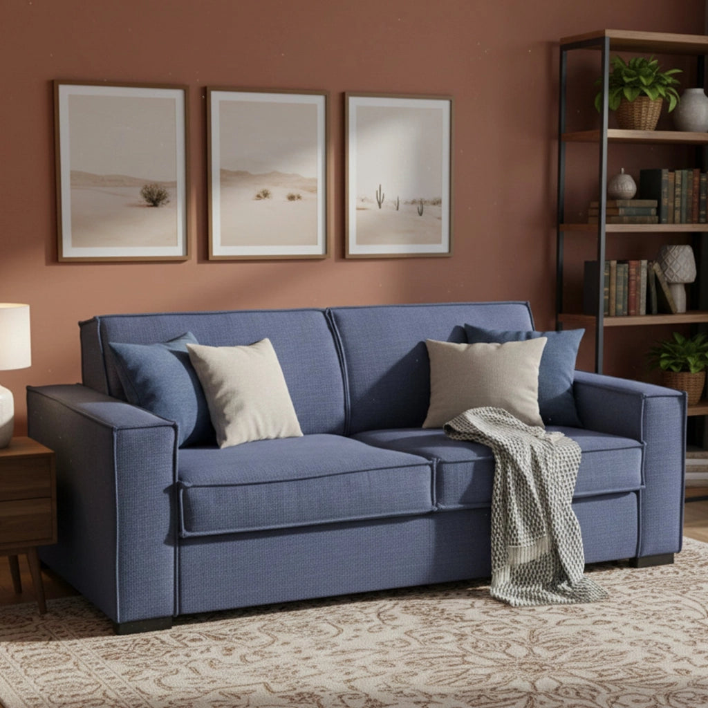 Divano Letto Alano, Divano a 2 posti, Made in Italy, SofÒ  Soggiorno con apertura girevole, in tessuto imbottito, con Braccioli standard, cm 180x95h90, Blu
