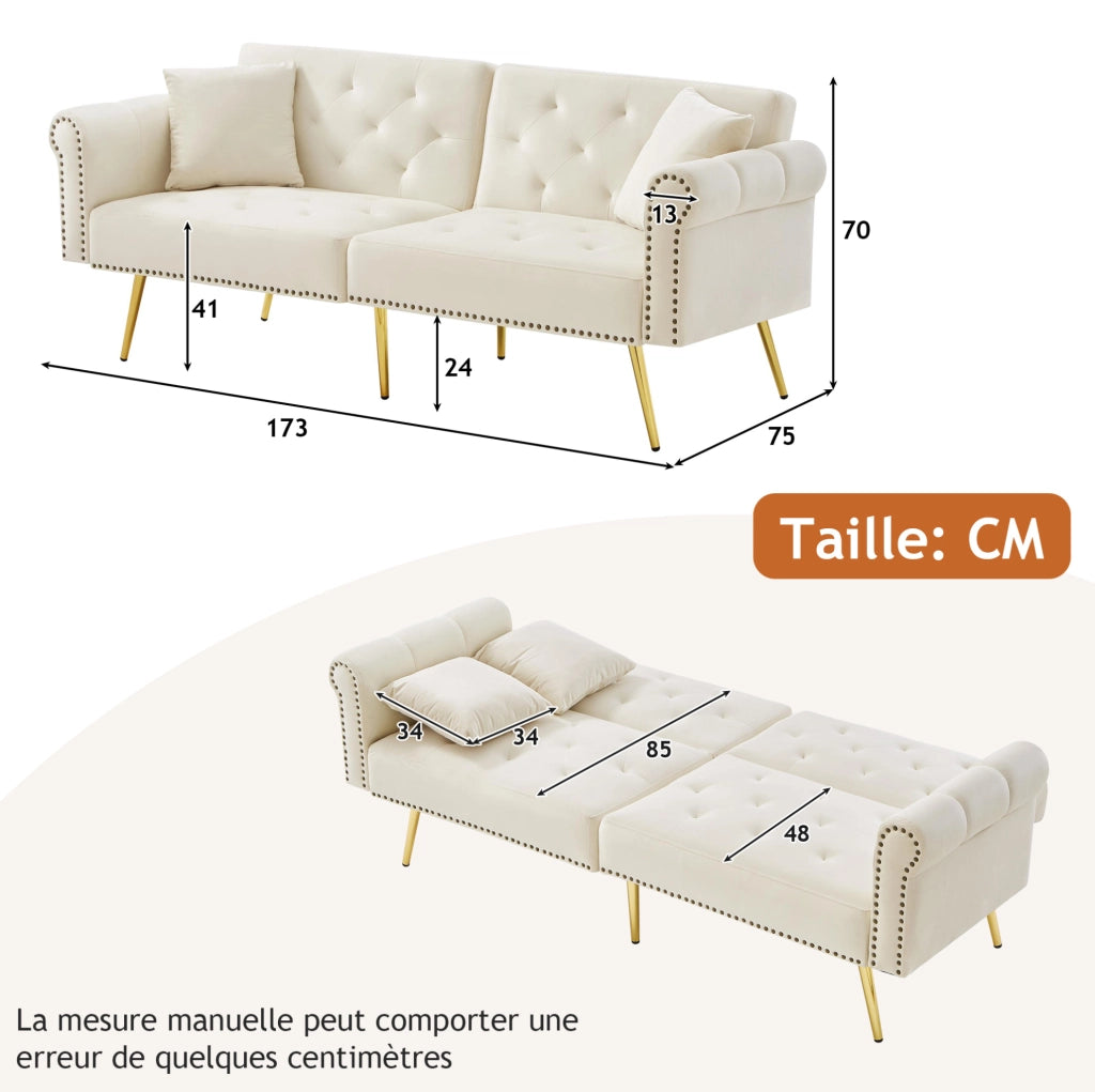 Divano letto 2 posti 147x85 cm con schienale regolabile; in velluto beige