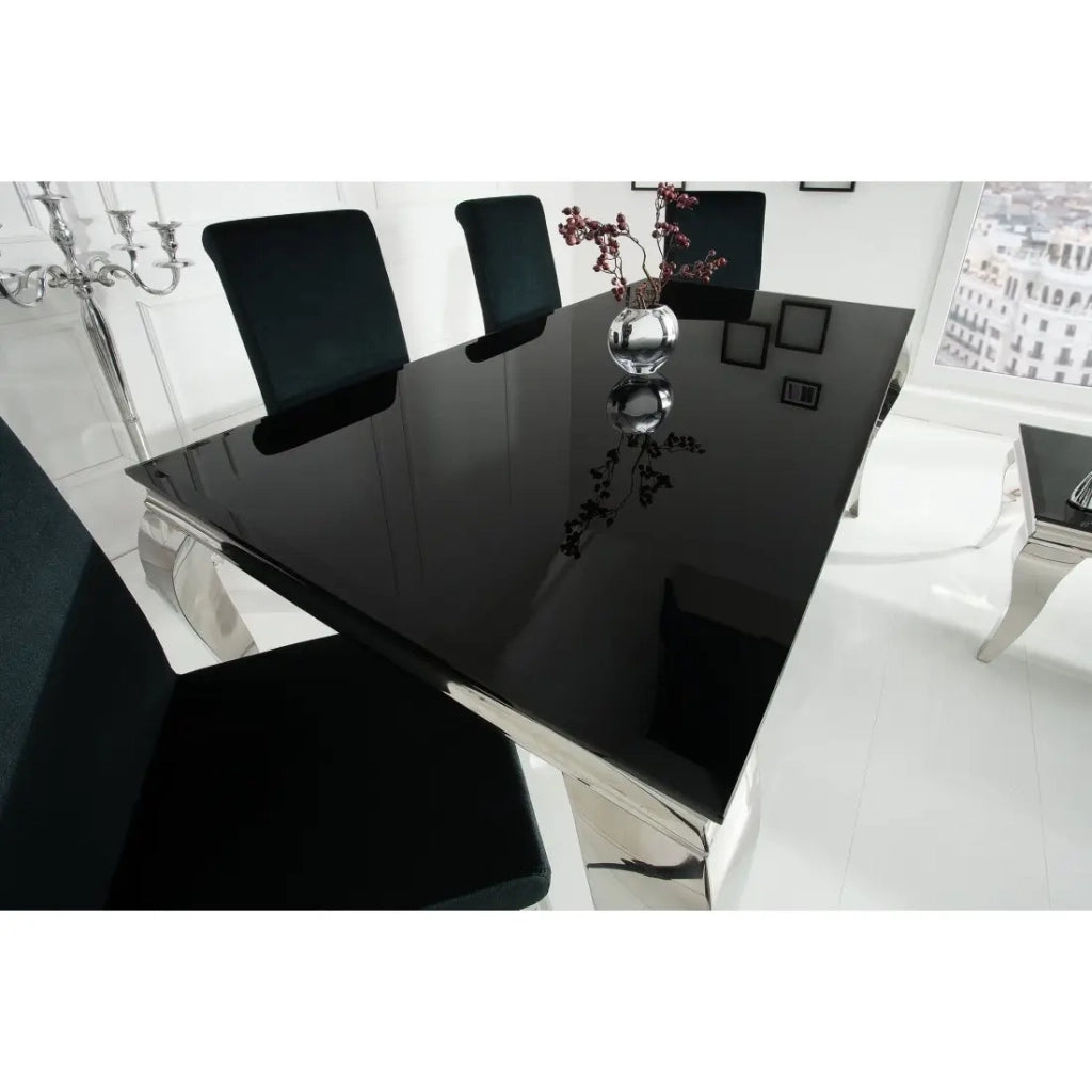 Tavolo da pranzo VELENA – Acciaio lucidato e vetro nero – 200 cm – Stile barocco moderno