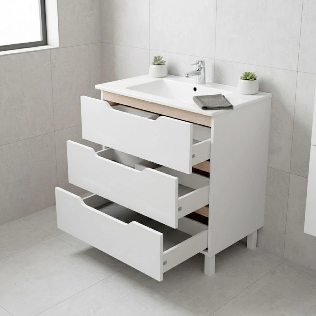 Mobile Bagno A Terra Con 3 Cassettoni Soft Close E Lavabo In Ceramica Monoforo Con Troppopieno Incluso Mobiletto Design Moderno Ed Elegante Salvaspazio 80 x 45 x 86 Cm Colore Bianco