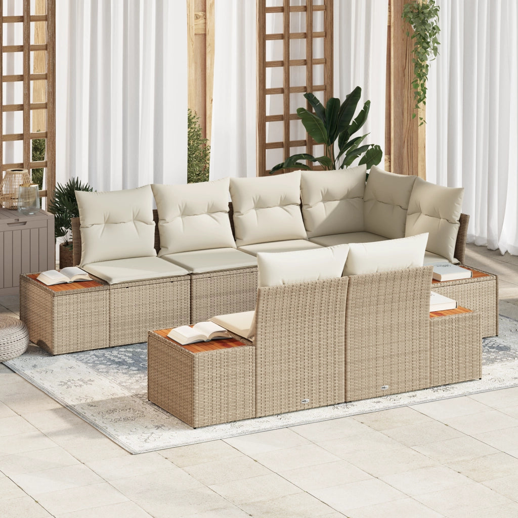 Set di SofÃ  da Giardino 7 Pezzi con Cuscini Beige Rattan Poliestere Acacia