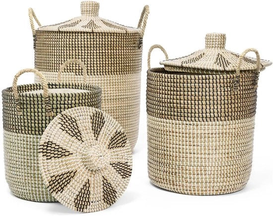 Set di 3 contenitori per la spiaggia - Contenitori in stile naturale - Duffs - Maniglie - Capacità di stoccaggio 76L/43L/26L