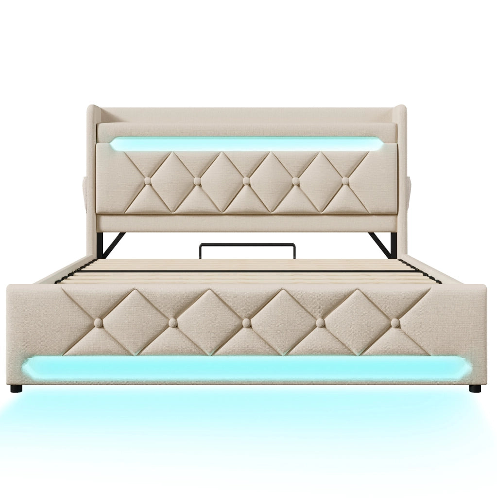 Letto matrimoniale 140x200 cm in lino beige con contenitore idraulico; LED 360掳 e testiera con porte USB e Type-C