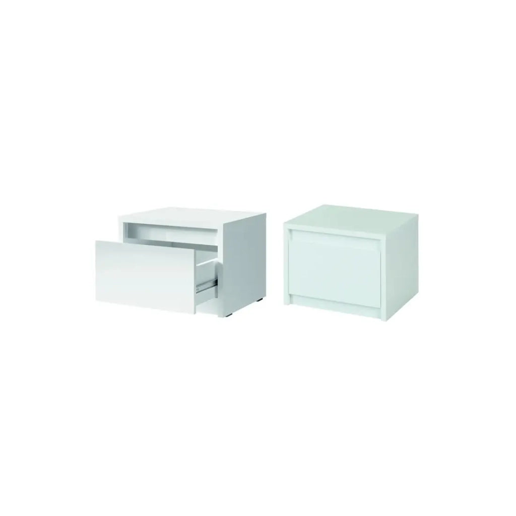Set camera VERONA: Letto con contenitore 180x200 cm, comò con 3 cassetti, comodini, armadio a 4 ante, bianco lucido
