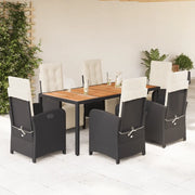 Set da Pranzo da Giardino 7 pz Nero con Cuscini in Polyrattan