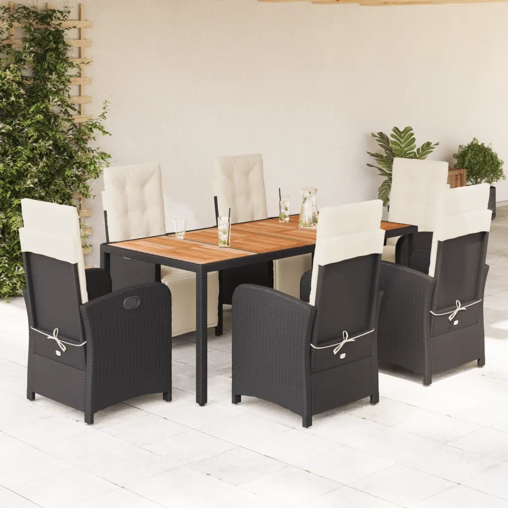 Set da Pranzo da Giardino 7 pz Nero con Cuscini in Polyrattan