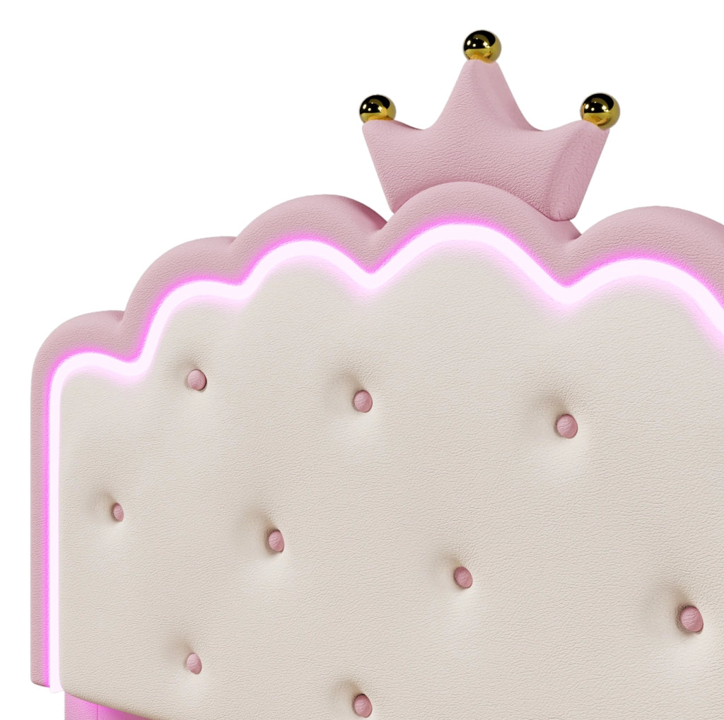 Letto per bambini con design a corona, LED e contenitore idraulico, 140x200 cm