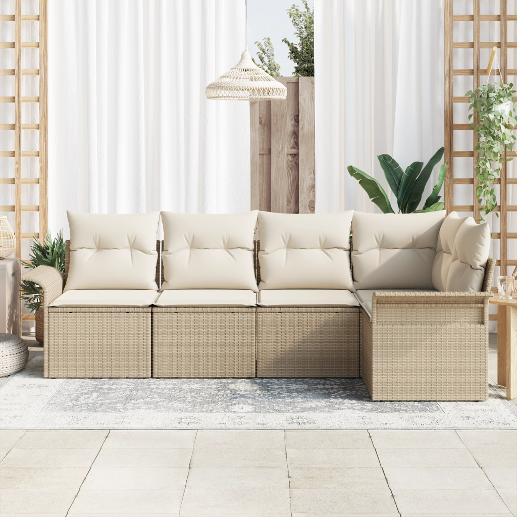 Set Divano Giardino 5 Pezzi con Cuscini Beige Polirattan