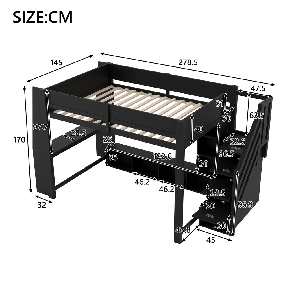 LETTO A SOPPALCO con scrivania e scale contenitore 140x200 cm nero