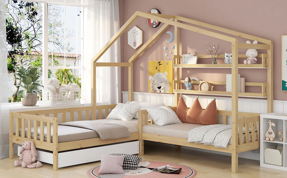Letto a casa per bambini con cassetti e mensole in legno massello naturale 90x200 cm+140x70 cm