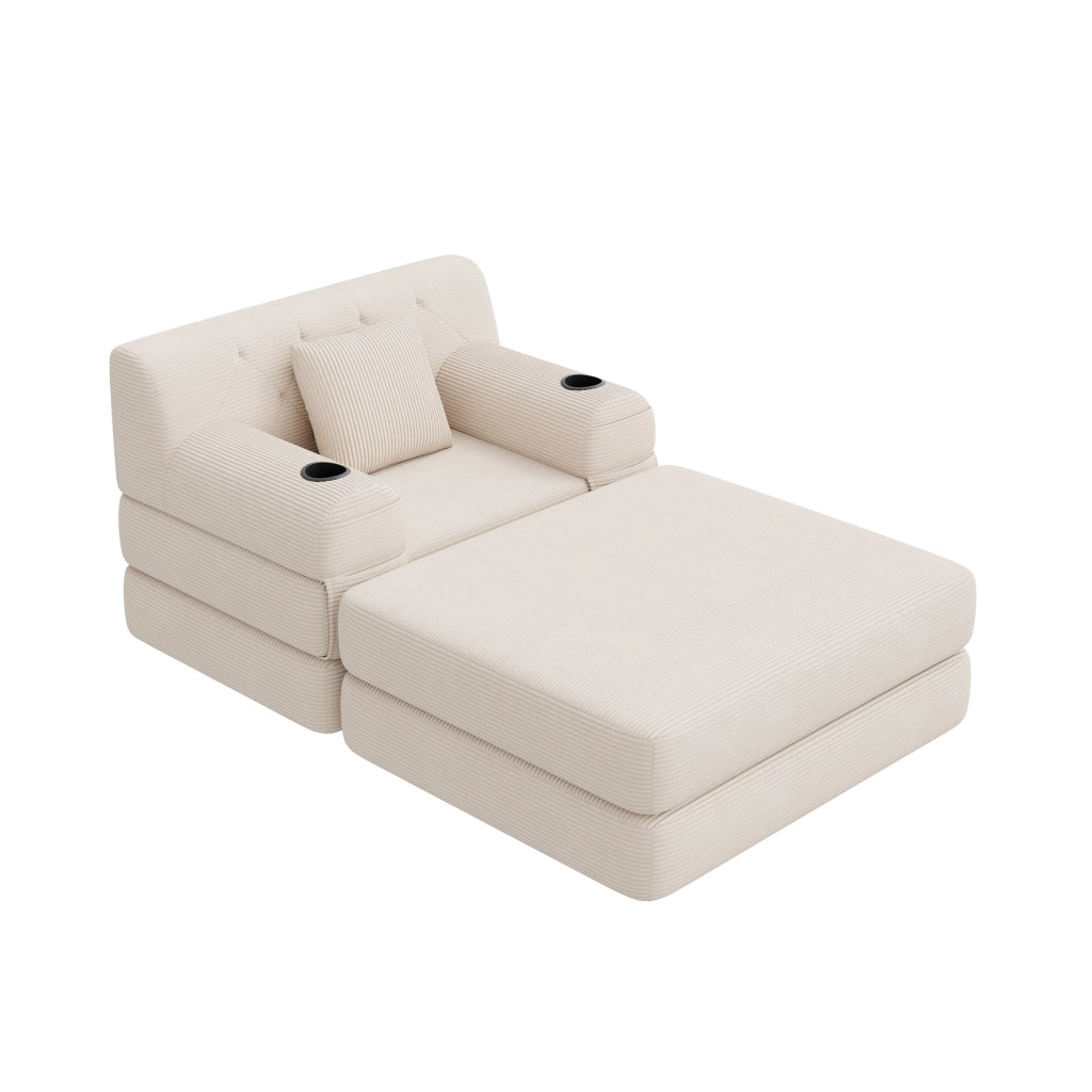 Poltrona letto 1 posto - con funzione letto e tasche laterali - in tessuto a coste beige