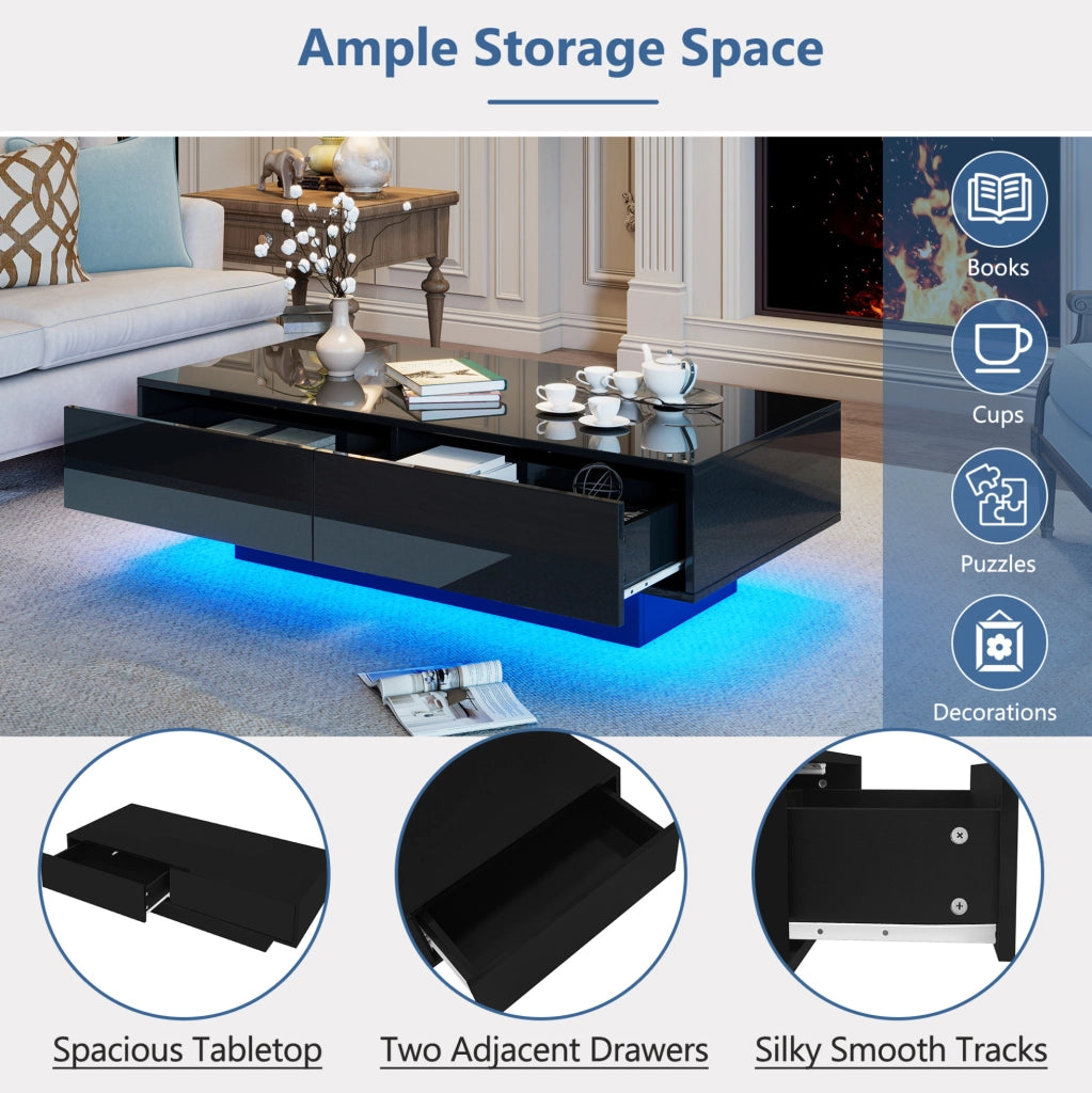 Tavolino da caffè moderno nero lucido 115 x 55 x 34 cm con 2 cassetti e LED