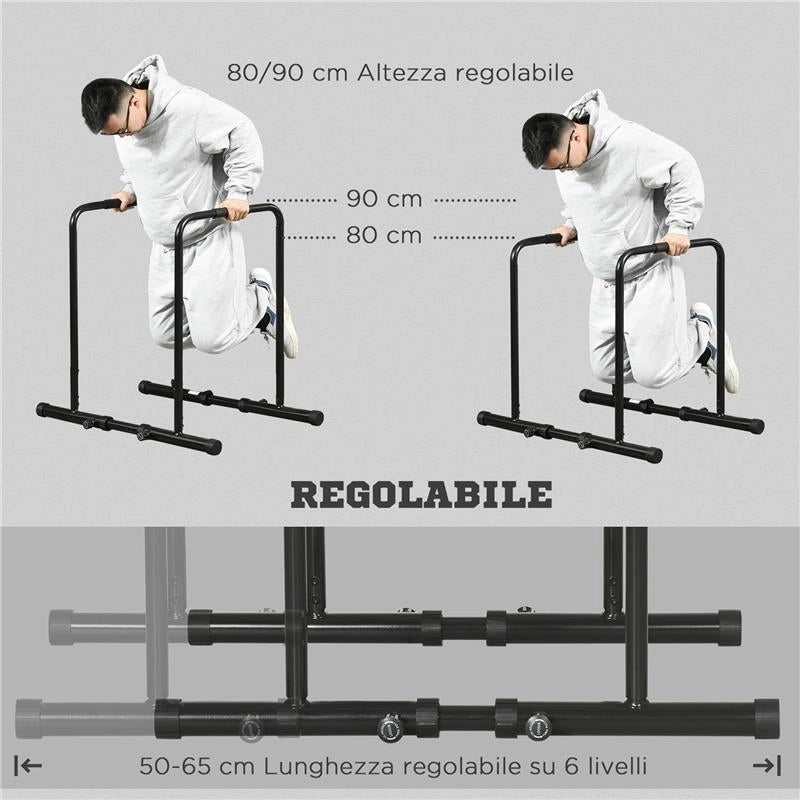 BARRA PER DIP IN ACCIAIO AD ALTEZZA REGOLABILE CON 6 LUNGHEZZE REGOLABILI, 90-102X65X80-90 CM, NERA